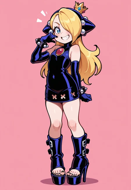 Wa_Peach!, masterpiece, blonde hair, long hair, blue eyes, hair covering one eye,
hoodup, hooded dress, sleeveless dress, bare shoulders, spiked bracelet, elbow gloves, thigh highs, thigh high boots, (open toe footwear:1.5), black toenails, (high heels:1.2), feet, ((toes)), cute feet, foot focus, mischevious grin, hand to face, flat chest, standing, cute pose,