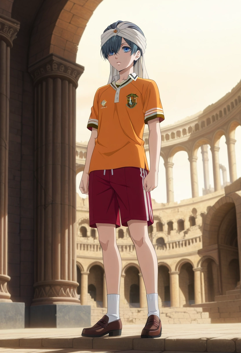 masterpiece, best quality, , anime screencap, anime coloring, official style, , 1boy, solo, male focus, <lora:ciel_phantomhive_ilxl:0.96>, ciel_phantomhive, black hair, blue eyes, short hair, , Colosseum, Rome, towering arches, historical ruins, standing pose, admiring expression, golden hour light, Track shorts, Terry cloth Ombre Light orange Rugby shirt, Suede loafers, Turban,