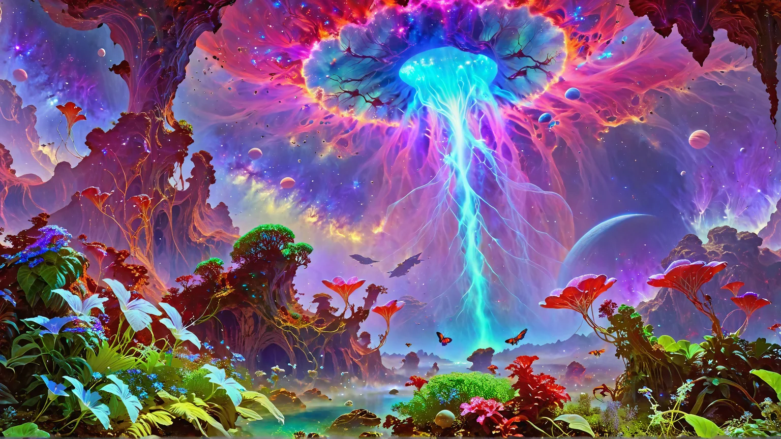 painting, best quality, highres, wllbgr, Moebius, cinematic film still of floating gardens in space, glowing alien flora, vines drifting weightlessly, soft ethereal light from a nearby nebula, suspended waterfalls pouring into the void, alien butterflies with shimmering wings, futuristic domes sheltering rare plants, peaceful and dreamlike