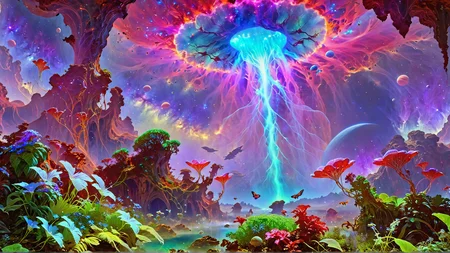  painting, best quality, highres, wllbgr, Moebius, cinematic film still of floating gardens in space, glowing alien flora, vines drifting weightlessly, soft ethereal light from a nearby nebula, suspended waterfalls pouring into the void, alien butterflies with shimmering wings, futuristic domes sheltering rare plants, peaceful and dreamlike  