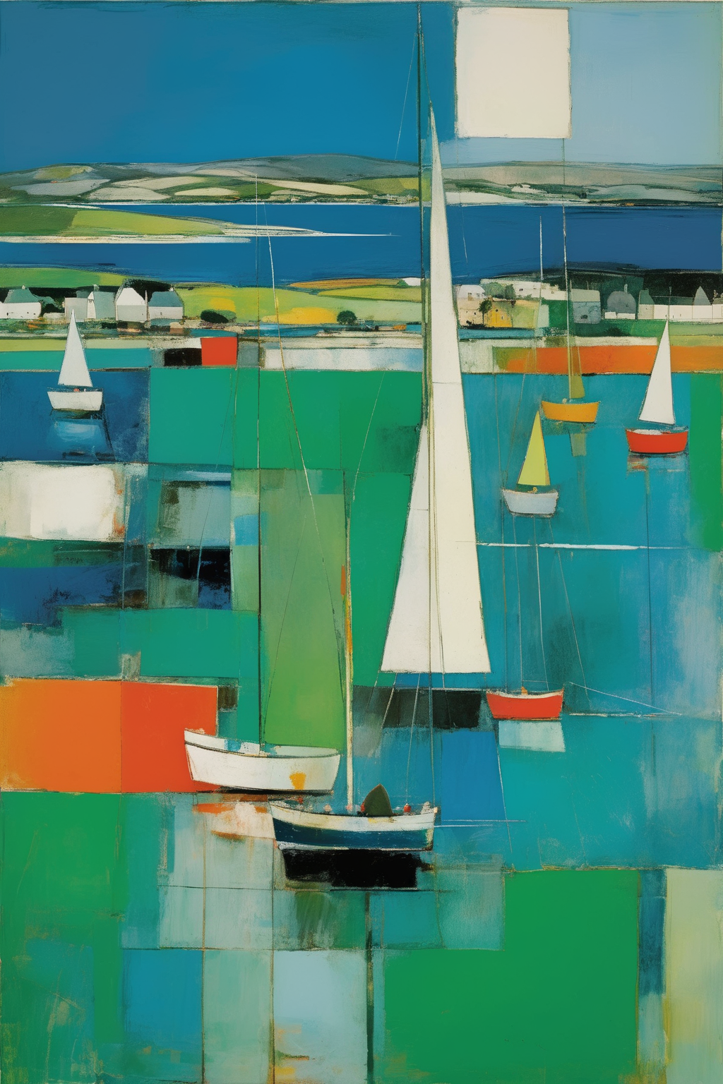 <lora:Raimonds Staprans Style:1>Raimonds Staprans Style - 102164. A painting by Richard Diebenkorn. A painting of Helensburgh and the Clyde Sea Lochs captures the mesmerizing scenery and peaceful ambiance of this Scottish coastal town through a striking combination of geometric shapes and rich hues. The inviting scene portrays a group of sailing boats gently floating on the mirror-like waters, framed by the verdant hills and elegant Victorian architecture of Helensburgh, portrayed in bold, abstract forms and luminous shades of blue, green, and gold. The composition evokes a sense of tranquility and the timeless allure of this captivating sailing destination.