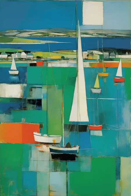 <lora:Raimonds Staprans Style:1>Raimonds Staprans Style - 102164. A painting by Richard Diebenkorn. A painting of Helensburgh and the Clyde Sea Lochs captures the mesmerizing scenery and peaceful ambiance of this Scottish coastal town through a striking combination of geometric shapes and rich hues. The inviting scene portrays a group of sailing boats gently floating on the mirror-like waters, framed by the verdant hills and elegant Victorian architecture of Helensburgh, portrayed in bold, abstract forms and luminous shades of blue, green, and gold. The composition evokes a sense of tranquility and the timeless allure of this captivating sailing destination.