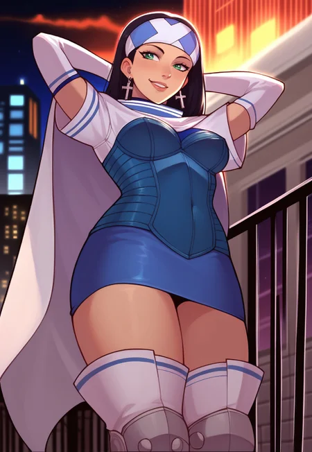 safe_pos, score_9, score_8_up, score_7_up, masterpiece, absurdres, source_anime, ng_deepnegative_v1_75t, detailed, (perfect anatomy:1.1), perfect body, (perfect hands:1.2), fullbody shot, night, rooftop, railing, city lights, low angle
BREAK
bethsmtii, long hair, black hair, (headband, cross symbol), blue bodysuit, short sleeves blue skirt, cape, elbow gloves, thigh boots, cross earrings, kneeling, ((looking to the viewer)), smile, curvy:0.9, legs open, hands behind head