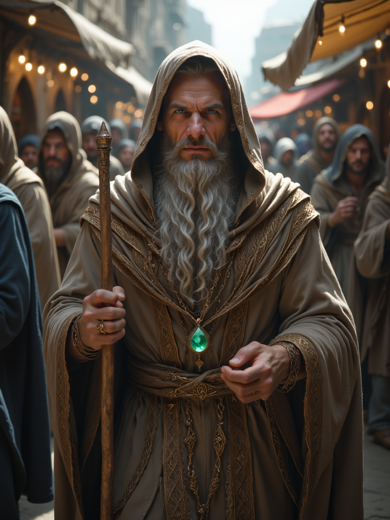 Sihirbaz, a magician, walks with his walking stick, on which is a green glowing emerald. He has a long white beard, his face looks young and friendly. The people around him seem to like him. Medieval market place. Sihirbaz has a holy aura and is a white magician.