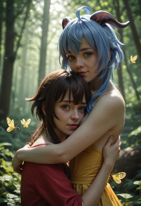 score_9, score_8_up, score_7_up, realistic, two females, megumin from konosuba, ganyu \(genshin impact\), horns, hugging, detailed eyes, dark forest, fireflies, looking at viewer, backlighting, bloom
