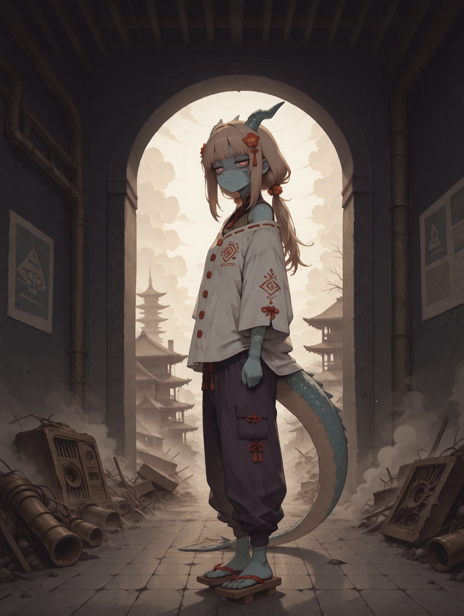 masterpiece,best quality,amazing quality,very aesthetic, mesugaki, haiz_ai, no lineart,no outline, HassaKu_illu, anime screencap, anime coloring, re4lity_sync_illu, S4bit4mago_illu, wasabi_natsume_illu, AmdrewXL, (character focus, close up:1.2),  Flat vector illustration, flat color, digital illustration, vintage dirt, eerie, 
Sunny day, snow, winter, dark theme,  
soft lighting, shadows, soft shadows, long shadows, 
1girl, (solo:1.6), flowers in hair, long hair, low_twintails, parted_bangs, spiral-shaped irises, dark teal eyes, jitome, teen, looking at viewer, thick eyebrows, light brown hair, Navy blue hair,   ( Brocade  colorful stockings:1.1), geta sandals, ,  shaded, shaded face, glowing clothes, (2::light magenta skin, colored skin,:1.2), Bioluminescent skin, from side, side view, dynamic angle,, standing, ,  dynamic pose, cute pose, thick tail,  
 purple   Mantle, hair ornament,
light Turquoise spandex Feathered button-up shirt, olive sateen asymmetrical many pocketet pants, 
baggy clothes, oversized clothes, off shoulder, 
BREAK
dark theme,  patterns,  fog, mist, smoke,   wallpaper, wall, clouds, colored clouds, 
bronze hole in the wall, bronze mosaic floor, alder tree, colored leafs,  cyberpunk architecture, starry sky, clouds,  curtains, 
Massive cranes, steam vents, factory chimneys, large machines, metal, metal pipes, large forklifts, small hazard lights, oily puddles,ornate Chinese palace chamber, golden silk drapes, red lacquered furniture, dragon carvings on the walls, lanterns glowing softly, junkyard, broken, rust, mechanical towers, abandoned, buildings,Collapsed ceilings, 
<lora:NOOB_vp1_detailer_by_volnovik_v1:3> <lora:add-detail-xl:3> <lora:DetailedPerfect_hands_r1:1> <lora:feet_anime_pony_v2:1> <lora:S4bit4mago:0.7> <lora:xl_more_art-full_v1:0.2> <lora:anime_screencap:0.3> <lora:Granblue Fantasy XLV2:0.2> <lora:Sinozick_style:0.4> <lora:LineArt Grey [LoRA] - Illustrious-XL v0.1:0.3> <lora:Gothic_Grain_Illustrious:0.2> <lora:ppw_v7_Illuv1.0_1_r2:0.4>