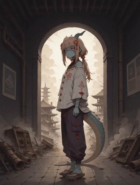 masterpiece,best quality,amazing quality,very aesthetic, mesugaki, haiz_ai, no lineart,no outline, HassaKu_illu, anime screencap, anime coloring, re4lity_sync_illu, S4bit4mago_illu, wasabi_natsume_illu, AmdrewXL, (character focus, close up:1.2),  Flat vector illustration, flat color, digital illustration, vintage dirt, eerie, 
Sunny day, snow, winter, dark theme,  
soft lighting, shadows, soft shadows, long shadows, 
1girl, (solo:1.6), flowers in hair, long hair, low_twintails, parted_bangs, spiral-shaped irises, dark teal eyes, jitome, teen, looking at viewer, thick eyebrows, light brown hair, Navy blue hair,   ( Brocade  colorful stockings:1.1), geta sandals, ,  shaded, shaded face, glowing clothes, (2::light magenta skin, colored skin,:1.2), Bioluminescent skin, from side, side view, dynamic angle,, standing, ,  dynamic pose, cute pose, thick tail,  
 purple   Mantle, hair ornament,
light Turquoise spandex Feathered button-up shirt, olive sateen asymmetrical many pocketet pants, 
baggy clothes, oversized clothes, off shoulder, 
BREAK
dark theme,  patterns,  fog, mist, smoke,   wallpaper, wall, clouds, colored clouds, 
bronze hole in the wall, bronze mosaic floor, alder tree, colored leafs,  cyberpunk architecture, starry sky, clouds,  curtains, 
Massive cranes, steam vents, factory chimneys, large machines, metal, metal pipes, large forklifts, small hazard lights, oily puddles,ornate Chinese palace chamber, golden silk drapes, red lacquered furniture, dragon carvings on the walls, lanterns glowing softly, junkyard, broken, rust, mechanical towers, abandoned, buildings,Collapsed ceilings, 
<lora:NOOB_vp1_detailer_by_volnovik_v1:3> <lora:add-detail-xl:3> <lora:DetailedPerfect_hands_r1:1> <lora:feet_anime_pony_v2:1> <lora:S4bit4mago:0.7> <lora:xl_more_art-full_v1:0.2> <lora:anime_screencap:0.3> <lora:Granblue Fantasy XLV2:0.2> <lora:Sinozick_style:0.4> <lora:LineArt Grey [LoRA] - Illustrious-XL v0.1:0.3> <lora:Gothic_Grain_Illustrious:0.2> <lora:ppw_v7_Illuv1.0_1_r2:0.4>