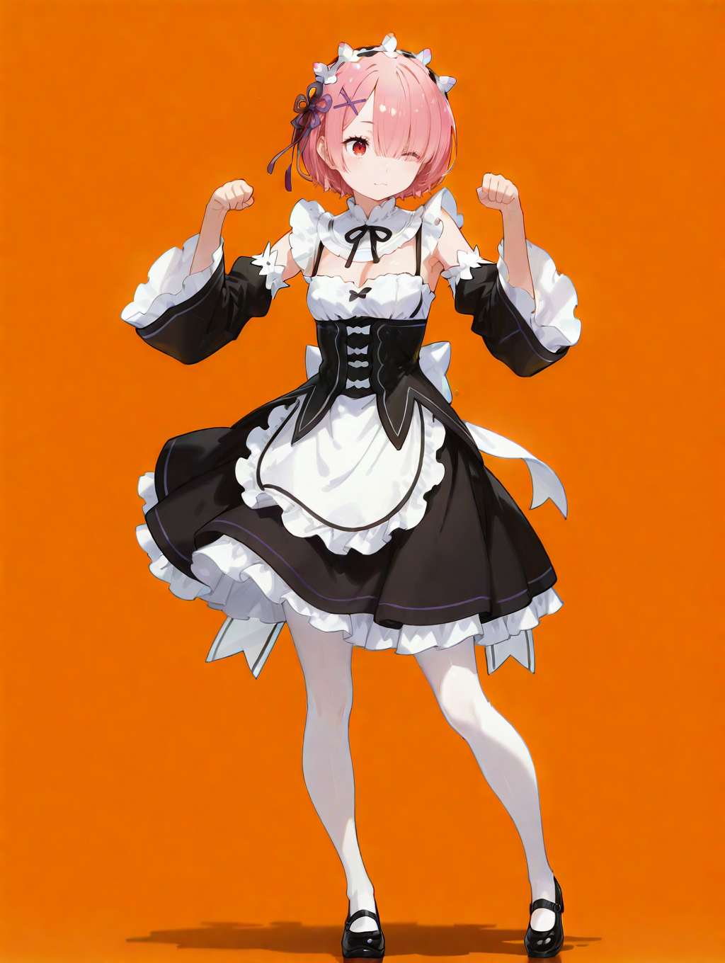 perfect quality,high quality,masterpiece,best quality,amazing quality,very aesthetic,absurdres,Cinematic Lighting,newest,Tactical use of shadow,
front view,full_shot,Wink,
RAMCYQL,1girl,solo,short hair,bangs,pink hair,hair over one eye,red eyes,hair ornament,x hair ornament,maid headdress,ribbon,hair ribbon,purple ribbon,maid,roswaal mansion maid uniform,black dress,detached sleeves,long sleeves,apron,waist apron,white apron,frills,pantyhose,white pantyhose,mary janes,black footwear,cleavage,
full body,standing,paw_pose,,
ï»¿orange background,simple background,
<lora:ponyv5_noobV065S_1_adamW-000013:0.7>,<lora:wl-illV1-000017:0.7>,<lora:zzziGnXL_il_lokr_V531:0.5>,<lora:USNR STYLE_XL_loha:0.45>,usnr,,<lora:RAMCYQL:1>,
