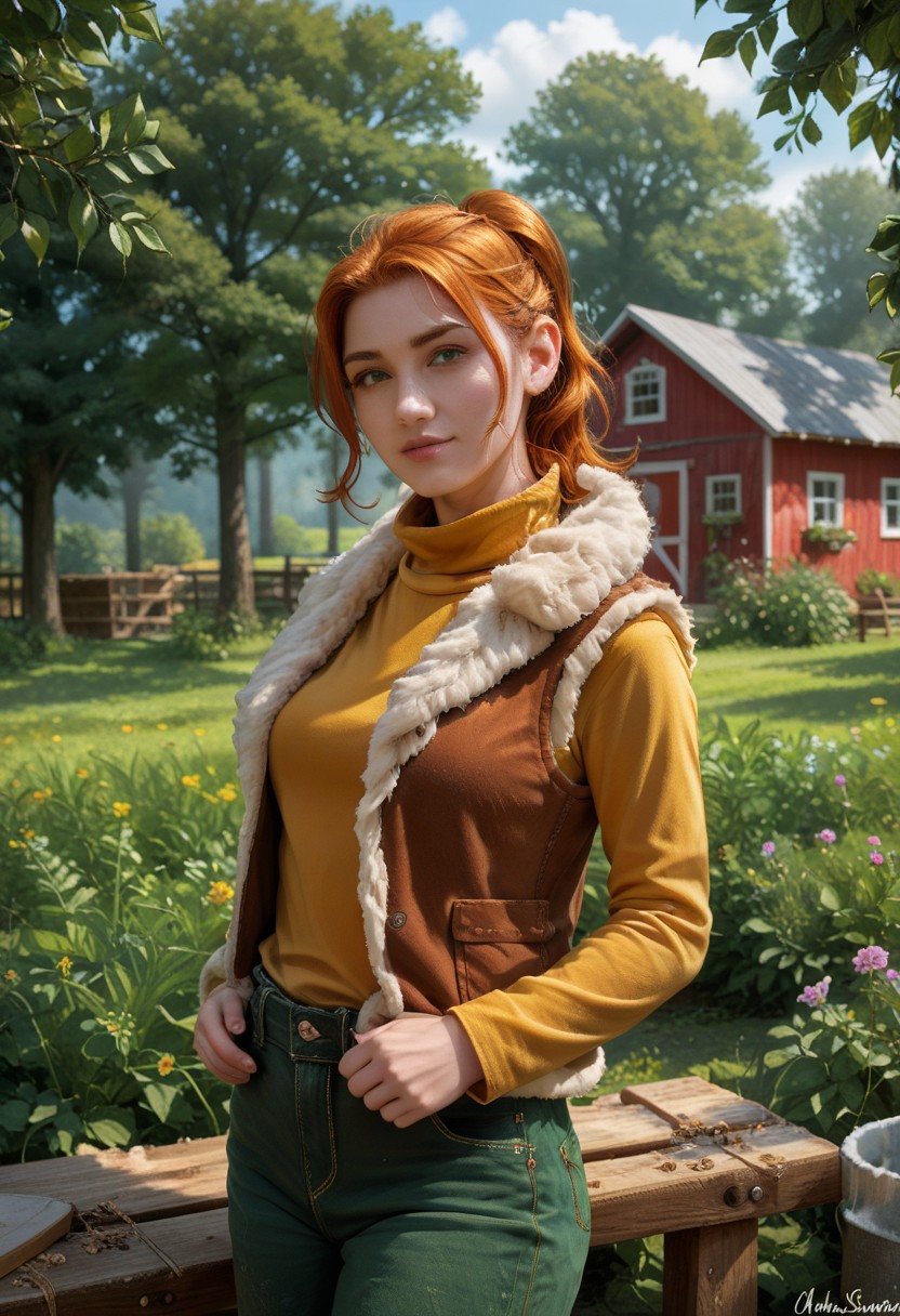score_9, score_8_up, score_7_up,, high res ima , source_photo, source_real, (realistic:1.4),
1girl, cowboy shot, solo, , working,
outdoors, farm, garden, <lora:Robin_-_IL:0.8> Robin_SDV, green eyes, orange hair, ponytail, yellow turtleneck, green pants, brown vest, fur trim, masterpiece, best quality, good quality, newest