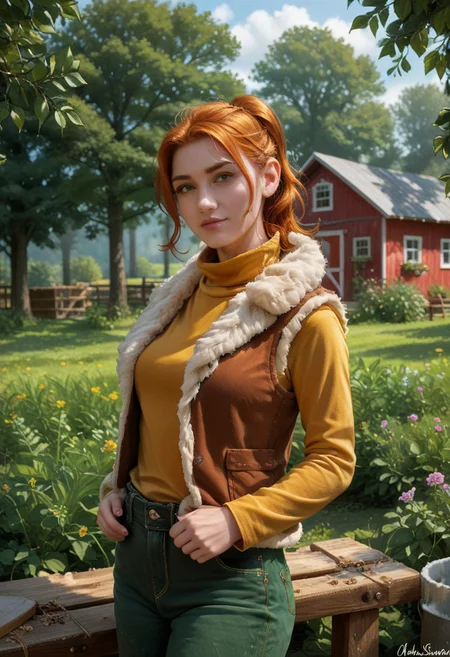 score_9, score_8_up, score_7_up,, high res ima , source_photo, source_real, (realistic:1.4),
1girl, cowboy shot, solo, , working,
outdoors, farm, garden, <lora:Robin_-_IL:0.8> Robin_SDV, green eyes, orange hair, ponytail, yellow turtleneck, green pants, brown vest, fur trim, masterpiece, best quality, good quality, newest