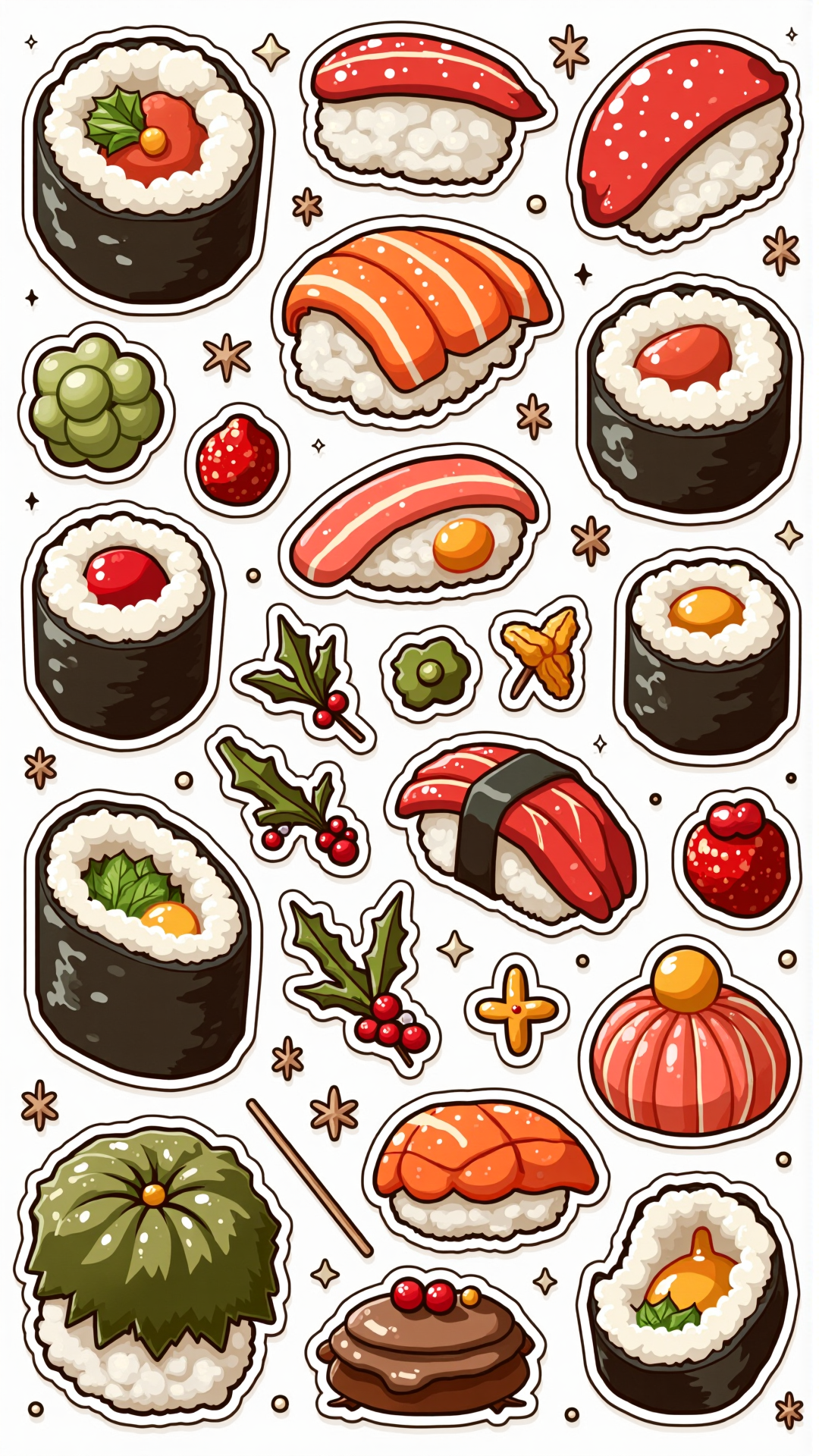 sticker sheet christmas-themed graphic of a Sushi
<lora:ChristmasIconsFlux:0.9>