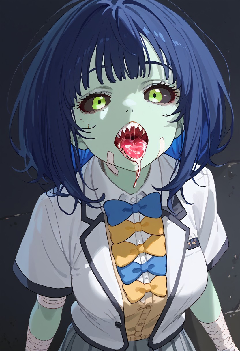 GEN, score_9, score_8_up, score_7_up,source_anime, high res image,masterpiece,best quality, rating explicit
 torn clothes
1girl solo, (from_above:1.2) pov, close up face
saliva trail craw pose
Mmouth, open mouth, sharp teeth, colorful tongue, long tongue
anna, blue hair, multiple bows, white collared shirt, short sleeves, pleated skirt (cardigan, jacket)
(beautiful old zombie wrapped in bandages:1.4), (colored skin, green zombie skin:1.4)  head wrapped in bandages, large breasts,  flirty expression, detailed glowing gray eyes, (black sclera:1.2),