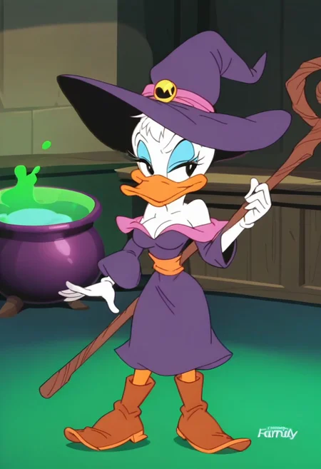 (source_furry, source_cartoon, score_9, score_8_up, score_7_up:1), screencap, solo female, 1girl, duck, looking to the side, cleavage, dress, witch hat, dress, staff, boots, indoors, cauldron
