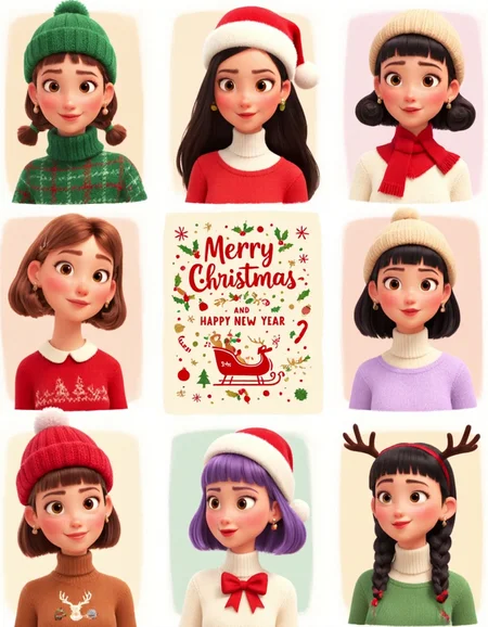 3D Pixar Style, This image is a high-quality digital collage featuring nine different illustrations of young women in festive Christmas-themed outfits arranged in a grid. Each illustration is meticulously detailed with a soft, painterly style, and the overall aesthetic is very high. The women are depicted with various hair colors, styles, and accessories, such as hats, scarves, and bows, all contributing to a cohesive holiday theme.
The top row shows three women: the first wears a green plaid hat and a green sweater, the second has a red Santa hat with a candy cane and wears a red and white sweater, and the third wears a beige knitted hat and a light purple sweater. The middle row features a central frame showcasing a vintage Christmas design with bold, retro typography reading “Merry Christmas and Happy New Year.” The design includes festive elements like holly, snowflakes, candy canes, ornaments, and a red sleigh pulled by reindeer, all rendered in a nostalgic mid-century style with warm, muted tones. The two women flanking the central design are dressed festively: the left wears a white hat with pom-poms and a white sweater, while the right has purple hair styled into playful pigtails and wears a green sweater. The bottom row includes three more women: the first has a red Santa hat and a brown sweater with reindeer antlers, the second wears a black hat with a red bow and a black sweater, and the third has a beige hat and a beige sweater.
The background of each illustration, including the central design, features a soft gradient of warm holiday tones. The lighting is soft and even, creating a whimsical, cohesive holiday atmosphere inspired by Pixar's magical and heartwarming aesthetic.