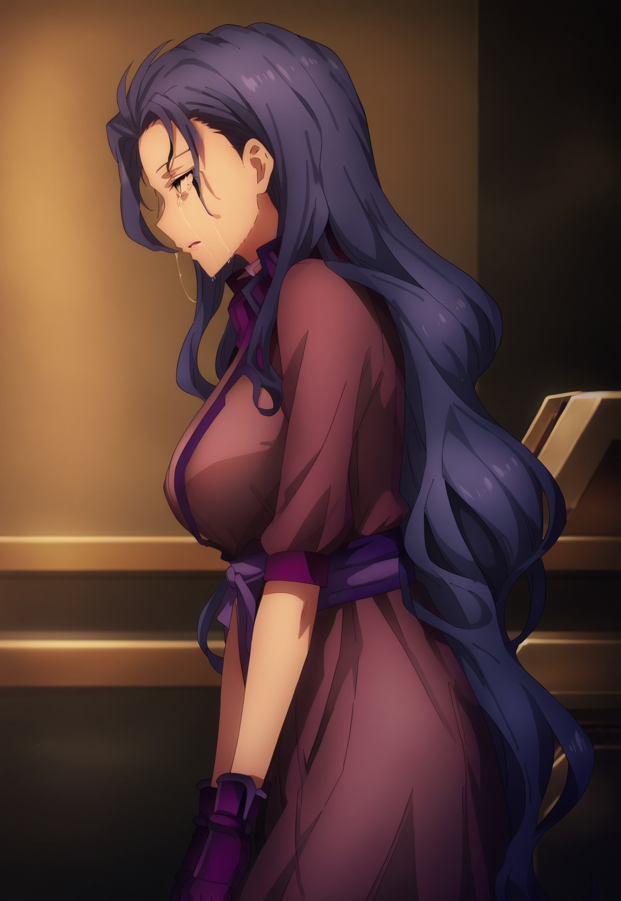 safe_pos, score_9, score_8, score_7, source_anime, lipia zancale, large breasts, streaming tears, profile, purple gloves, see-through dress, crying with eyes open, empty eyes, hair intakes, from side, mature female