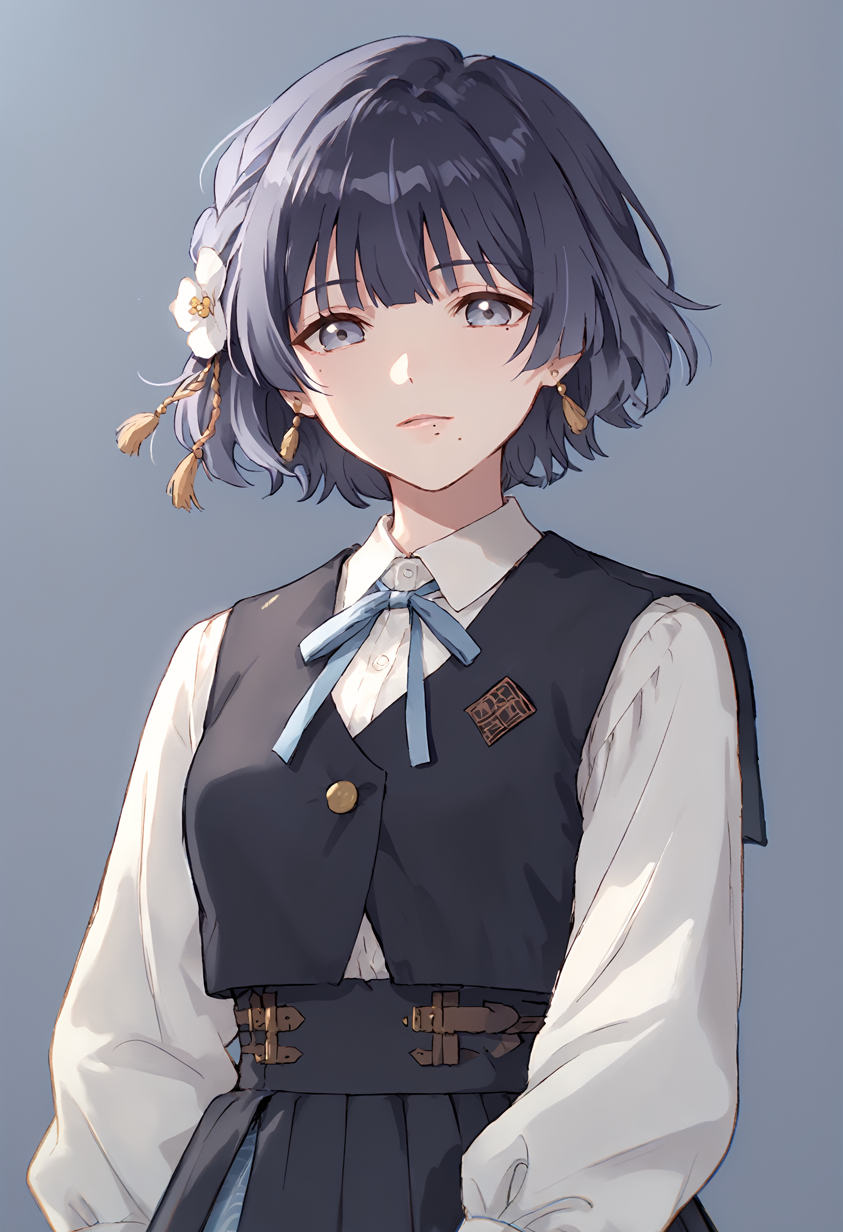 (score_9, score_8_up, score_7_up), 1girl, hataya misuzu, mole under mouth, hair flower, cowboy shot, simple background, <lora:gakuen-imPO-v2e-000008:0.9>