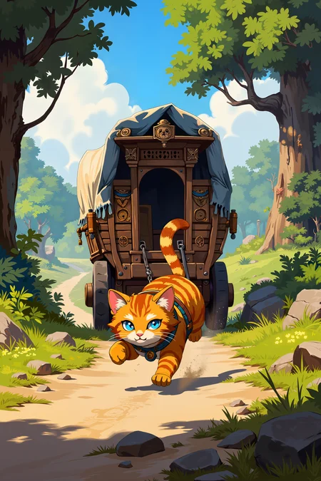 a small, anthropomorphic orange tabby cat with bright blue eyes, wearing a determined expression. The cat is running energetically on a dirt path, with a large, ornate wooden caravan trailing behind. The caravan is decorated with intricate carvings and has a rustic, medieval aesthetic, complete with a peaked roof covered in tattered blue fabric and a small, elevated porch. The caravan is pulled by the cat, whose tail is raised and pointed upwards, adding to the dynamic motion of the scene.The background showcases a lush, green forest with dense foliage and tall trees, bathed in soft, dappled sunlight. The path is winding and leads deeper into the forest, suggesting an adventurous journey. The sky above is a clear blue with a few fluffy white clouds, adding to the serene yet adventurous atmosphere. The overall composition and colors are rich and saturated, creating a lively and engaging visual experience.<lora:XRSTYLE_FLUX:0.5><lora:RetroAnimeFluxV1:0.4><lora:MoriiMee_Gothic_Niji_Style_FLUX:0.3>