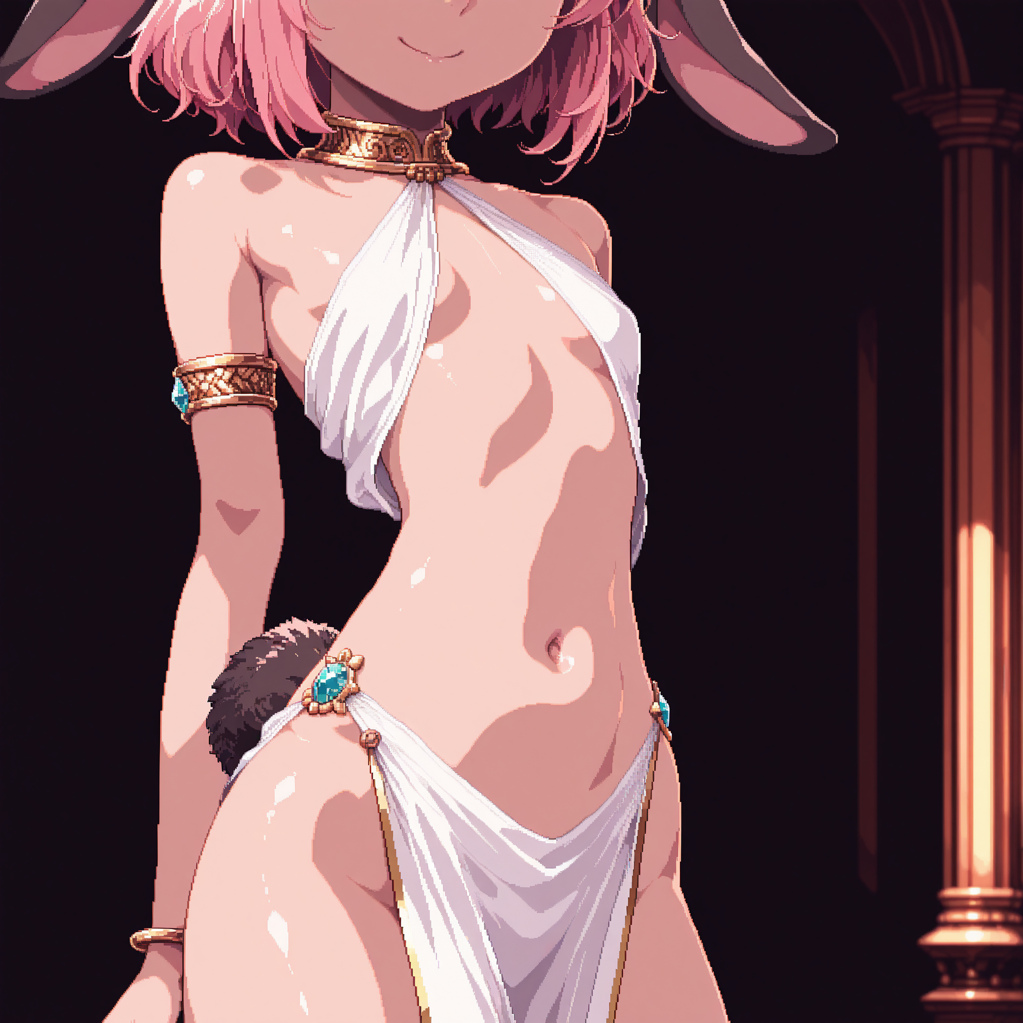 lazypos,  <lora:DetailedPixelArtILL:1> dpa, pixel art,  <lora:Sylvie_the_Guild_Master_-_Isekai_Maou_Illustrious:0.8>  SylvieGM, rabbit ears, petite body, pink hair, pelvic curtain, white dress, navel, gold trim, armlet, ornated jewelry, rabbit tail, smile