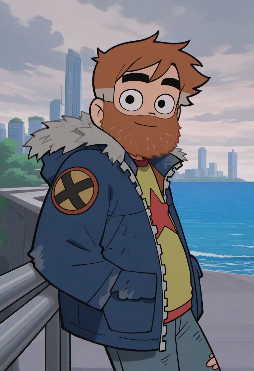 1boy, leaning back, (cowboy shot:1.5), light smile, looking at viewer, against railing, facing viewer, casual, from side, bent arms, 
BREAK
oldscottpilgrim, toon \(style\), mature male, brown hair, short hair, full beard, black eyebrows, thick eyebrows, streaked hair, black eyes,
BREAK
blue jacket, fur-trimmed jacket, open jacket, yellow shirt, star print, open jacket, hooded jacket, denim jeans, torn jacket, torn jeans, shoes, shoulder patch
BREAK
blue sky, horizon, ocean, outdoors, cloudy sky, abandoned, skyline, horizon, ocean, outdoors, cloudy sky, day, skyscraper,
BREAK
best quality, masterpiece, very aesthetic, absurdres, highest detailed, <lora:Old_Scott_Pilgrim_from_Scott_Pilgrim_Takes_Off_v1.0:1>