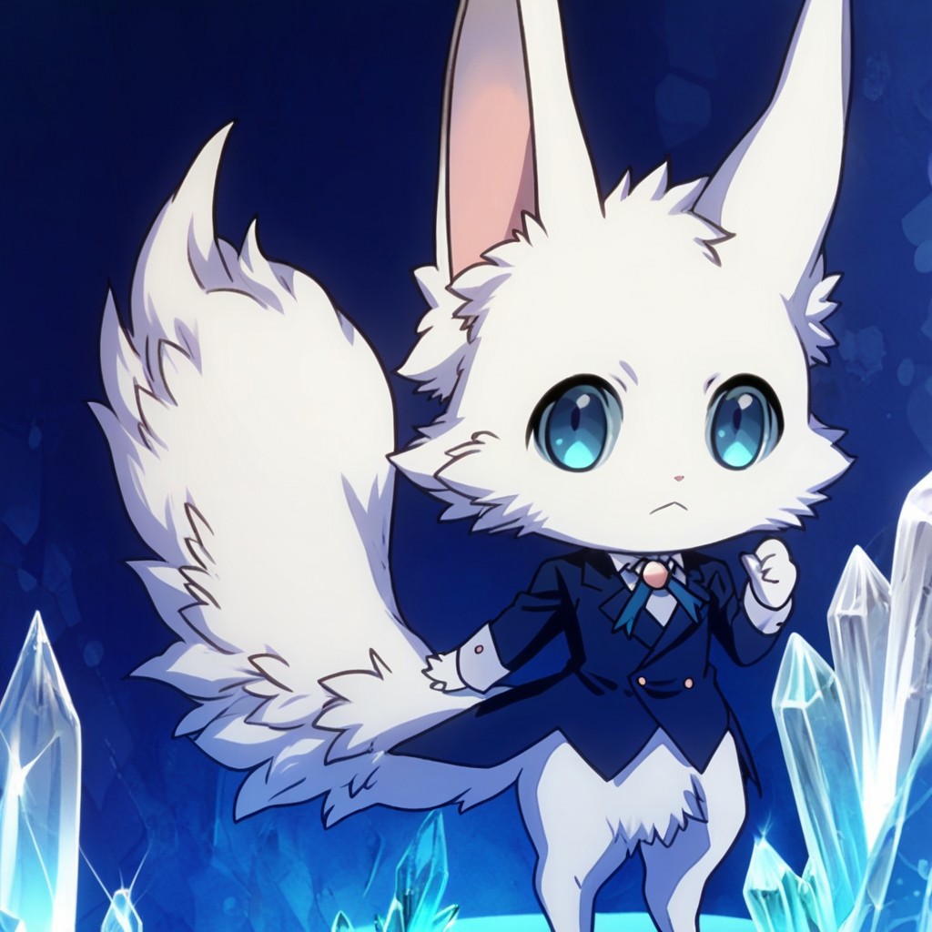 1boy, chibi, Navi, blue eyes, solo, no humans, formal, blue background, suit, white fur, standing, :<, full body, tail, crystal, long sleeves, furry, blue theme, closed mouth