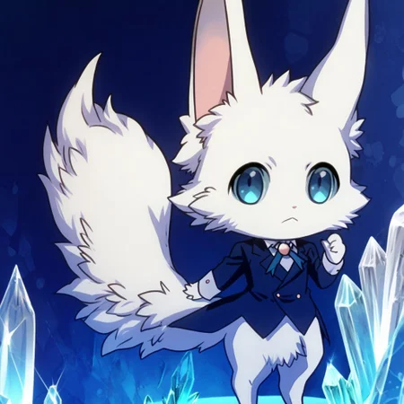 1boy, chibi, Navi, blue eyes, solo, no humans, formal, blue background, suit, white fur, standing, :<, full body, tail, crystal, long sleeves, furry, blue theme, closed mouth