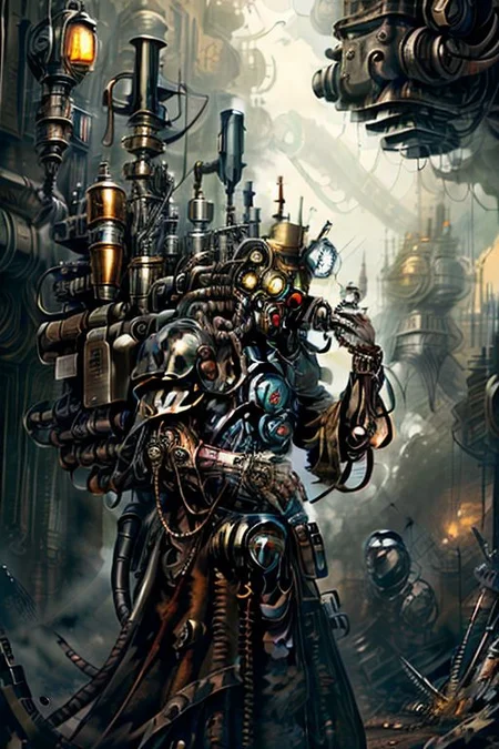 ((masterpiece,best quality)), absurdres, BREAK
mechanical arms, yellow robes, hood, BREAK
((techpriest)), cyborg, mechanical face, mechanical limbs, gas mask, mechanical tentacles, (mechanical backpack), BREAK
1other, solo, holding pistol, firearm, handgun, pistol, gun, BREAK
factory background, smoggy sky, air pollution, smokestacks, BREAK
(SteamPunk),