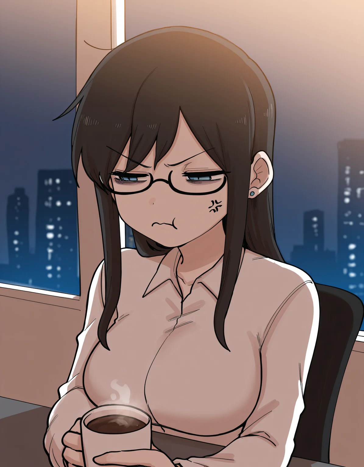(masterpiece), (incredibly absurdres), best quality, <lora:Shiromanta-IL-V1_Aeromoia-000016:1>, shmanta, 1girl, office lady, sidelocks, glasses, blouse, earrings, solo, medium breasts, annoyed, grumpy, tired, bags under eyes, half-closed eyes, holding cup, coffee, anger vein, soft lighting, indoors, office, night