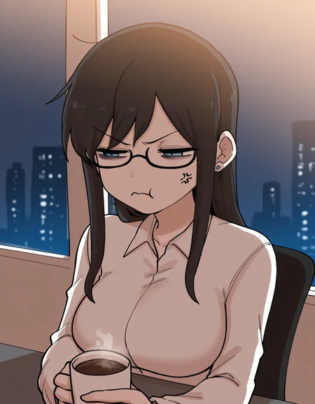 (masterpiece), (incredibly absurdres), best quality, <lora:Shiromanta-IL-V1_Aeromoia-000016:1>, shmanta, 1girl, office lady, sidelocks, glasses, blouse, earrings, solo, medium breasts, annoyed, grumpy, tired, bags under eyes, half-closed eyes, holding cup, coffee, anger vein, soft lighting, indoors, office, night
