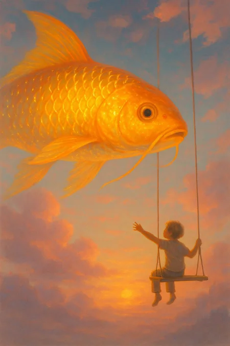 create "A giant koi fish swimming through the sky, its golden scales glowing under the setting sun. A child reaches out from a floating swing, trying to touch the fish. Soft pastel colors, ethereal atmosphere, dreamy composition." Bioluminescence, golden amber iridescence, vibrant.