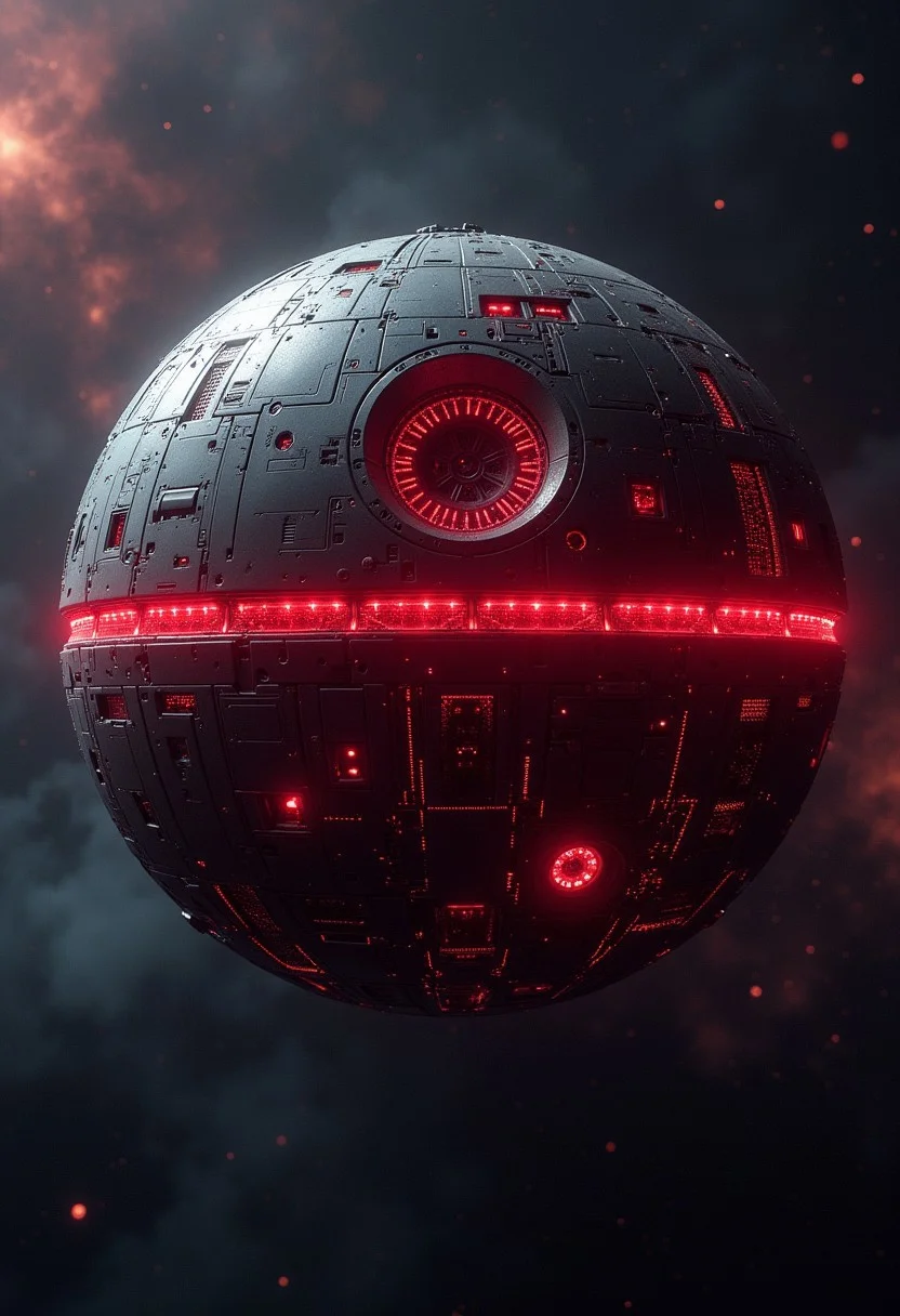 a_skynet_cyberdyne_craft, the image is featuring a Cyberdyne Death Star in space, with ominous red circuitry, red diodes and lights, set against a dark space background with nebulae