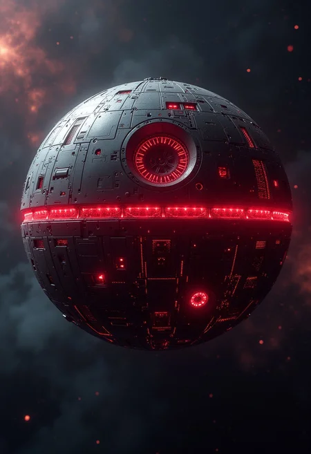 a_skynet_cyberdyne_craft, the image is featuring a Cyberdyne Death Star in space, with ominous red circuitry, red diodes and lights, set against a dark space background with nebulae