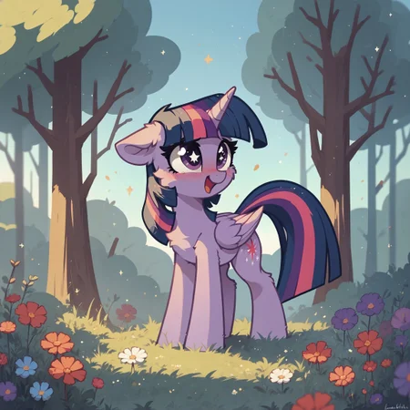 score_9, score_8_up, score_7_up, score_6_up, score_5_up, score_4_up, twilight sparkle, alicorn, pony, blushing, cheek fluff, cute, ear fluff, female, floppy ears, high res, leg fluff, mare, open mouth, solo, starry eyes, wing fluff, wingding eyes, outdoors, grass, trees, blue sky, low cloudiness, full-length character at screen, happy