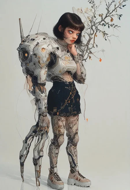 score_9,score_8_up,score_7_up,score_6_up,score_5_up,score_4_up, full body, tomie kawakami, standing in lost city, solo,female focus,looking at the spectator,(Heart-shaped face, dark blue eyes, plump lips, short bob-cut dark brown hair, 5'6", 125 lbs, medium breasts, narrow waist, slender figure, a star tattoo on the ankle, pale skin, angular jawline, and slightly upturned nose.:1.3),(A gold lace bra paired with a black puffy mini skirt, and finished with bold gold high heels on a platform, featuring exquisite lace designs and a skirt made of rich velvet fabric, providing a luxurious and captivating look.:1.3),(plain contrasting background:1.3),(full-length:1.5),hands,Perfect hand,Perfect feet,Perfect eyes,cyb0rg,science fiction,cable,mechanical parts,<lora:feet v3:1>,<lora:hand 4:1>,<lora:PerfectEyesXL:1>,zPDXL2,zPDXLpg,<lora:cyb0rgXLP:0.8>,<lora:add-detail-xl:1>,<lora:DP-Pony:1>,p33rs,<lora:incase-ilff-v3-4:0.2>,