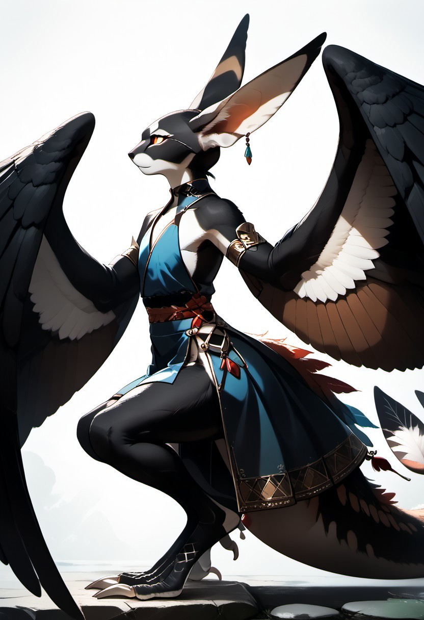 1person, Palagiri, long toes, nimble toes, handfeet, anthro, ((wing arms, large wings, no hands)), feline features, feline nose, large ears, thick tail, long tail, tapering tail, feather tipped tail, digitigrade legs,
Side profile,
Source: anime, score: 9, score: 8up,