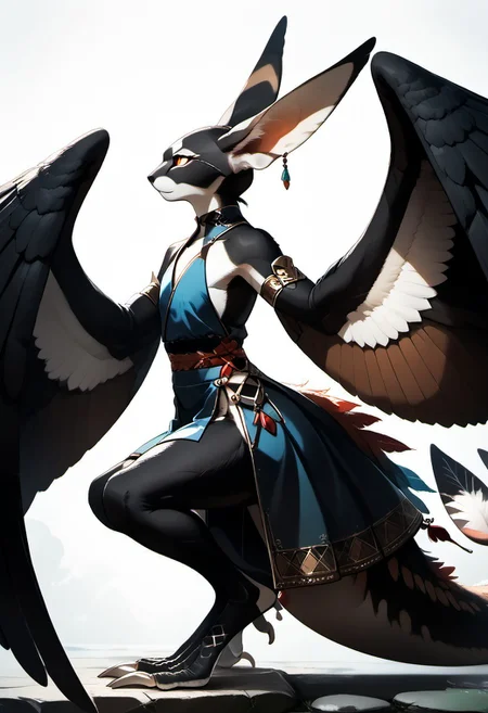 1person, Palagiri, long toes, nimble toes, handfeet, anthro, ((wing arms, large wings, no hands)), feline features, feline nose, large ears, thick tail, long tail, tapering tail, feather tipped tail, digitigrade legs,
Side profile,
Source: anime, score: 9, score: 8up,