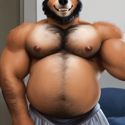 solo, male, furry, bear, 1boy, adult, daddy, hairy chest, shirtless, waist up view, nipples, beard, short hair, smile, wink, rubbing stomach, chest hair, stomach hair, arm hair, pubic hair, high quality,