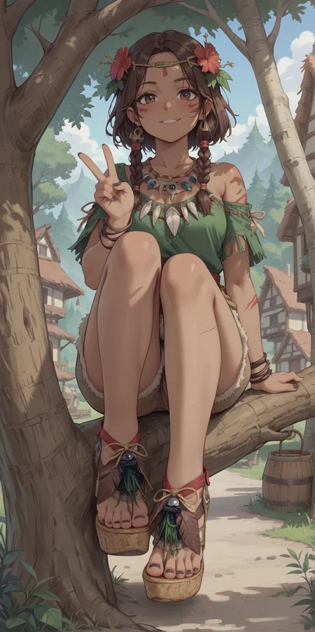 score_9, score_8_up, score_7_up, score_6_up, source_anime,
1girl,
brown hair,
dark skin,
tribal,
sitting in tree, sitting on tree branch, legs dangling,
feet, toes, black toenail polish,
(b0h0 heels), platform footwear,
(forest:0.9), town, village,
looking at viewer, v,
hippie tunic, frayed brown shorts,
embedding:zPDXLrl ,
embedding:zPDXL2 ,