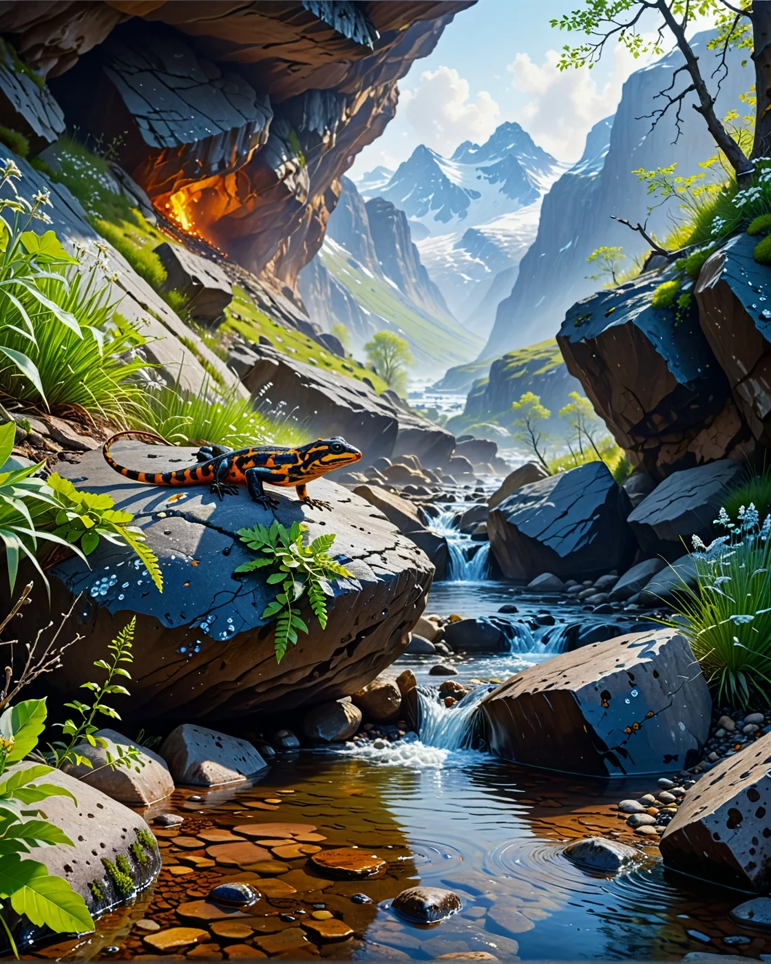 Creator Landscape,
(style ofPeder Mork Monsted (hyper-detailed)),
fire salamander on wet rocks, Glacial valley with milky-blue streams, flock of starlings swirling, ice age cave paintings,
<lora:extremely_detailed:0.8> extremely detailed,
<lora:add-detail-xl:0.3>,
<lora:dreamshaperXL10_lora:0.3>
detailxl,
advntr,