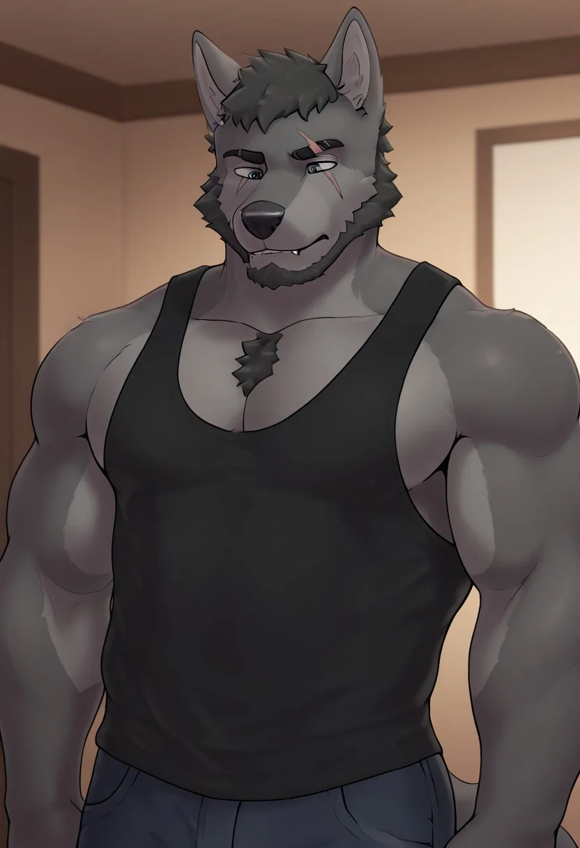 masterpiece, best quality, amazing quality, solo, 1boy, bara, furry_male, furry, wolf, furry, black tank top, scar on eye, beard, jeans, hair on chest, gray fur, muscular_male, short_hair, muscular, facial_hair, close up, front view