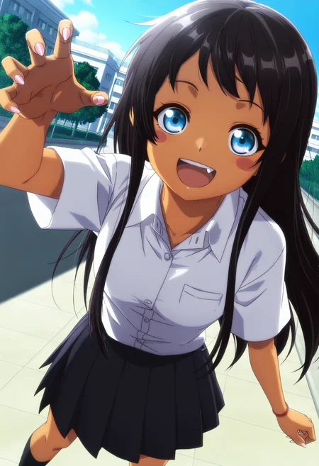 masterpiece, best quality,  absurdres, highres, cinematic light, 1girl, solo,  <lora:hina_kyan-Illustrious:1> kyan_wz, long hair, black hair, blue eyes, blush stickers, dark-skinned female, dark skin, white shirt, collared shirt, short sleeves, black skit, pleated skirt, black socks, standing, looking at viewer, smile, :d, fang, upper teeth only,  outdoors, claws, nails, outdoors, school, blue sky, sidelighting, dynamic angle,  <lora:anime_screencap-Illustrious_1064755:1> anime screencap, anime coloring