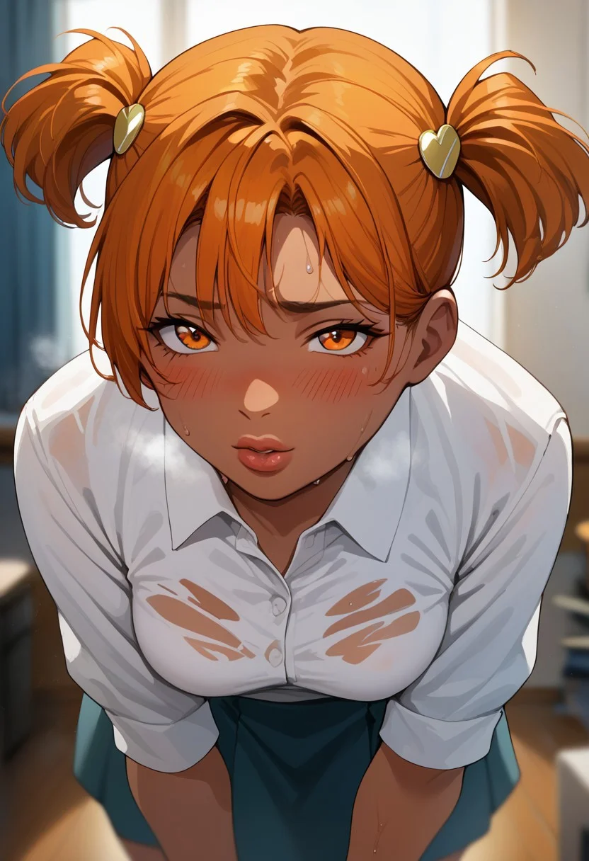 score_9, score_8_up, score_7_up, dirty anime style, aliska, orange hair, twintails, short hair, hair ornament, short twintails, bangs, orange eyes, dark skin,medium breasts, white shirt, skirt, sweat, steaming BREAK standing, leaning forward, blush, peck lips, kissing lips, looking at viewer, solo, front view, face focus, indoors, blurry background, best quality, high quality