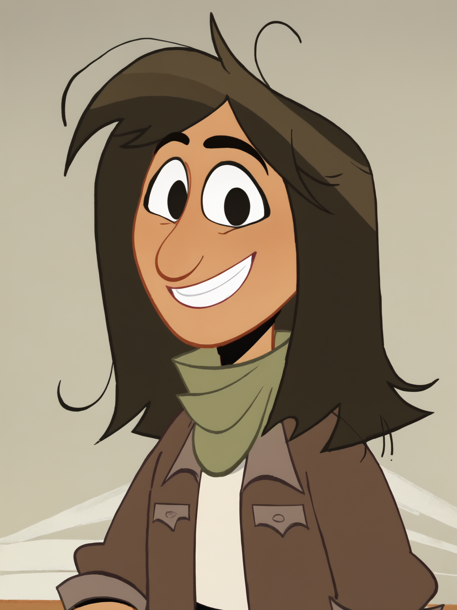 <lora:LeahPony1.0:1> leah, solo, brown hair, 1girl, long hair, black eyes, smile, brown jacket, green scarf, white shirt, smile,portrait,upper body, looking at viewer, score_9, score_8_up, score_7_up, score_6_up, score_5_up, score_4_up