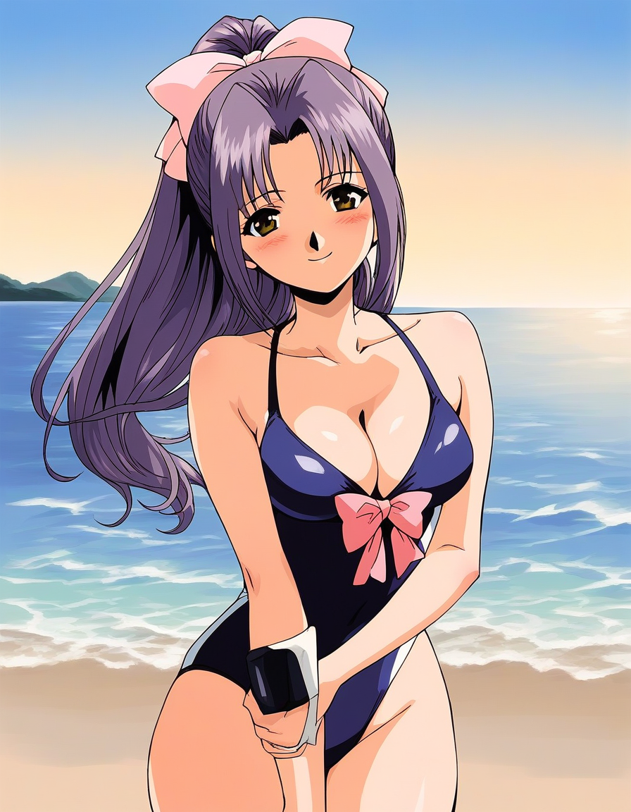 score_9, score_8_up, score_7_up, source_anime, rating_explicit, BREAK  <lora:Koigakubo_Momoko_Ver2_XL:1> koigakuboMomoko, purple hair, long hair, hair bow, brown eyes, ponytail, pink bow, smile, solo, looking at viewer,
blush,   swimsuit, summer, beach, sea, cowboy shot,  breasts, cleavage,
sky, outdoor,