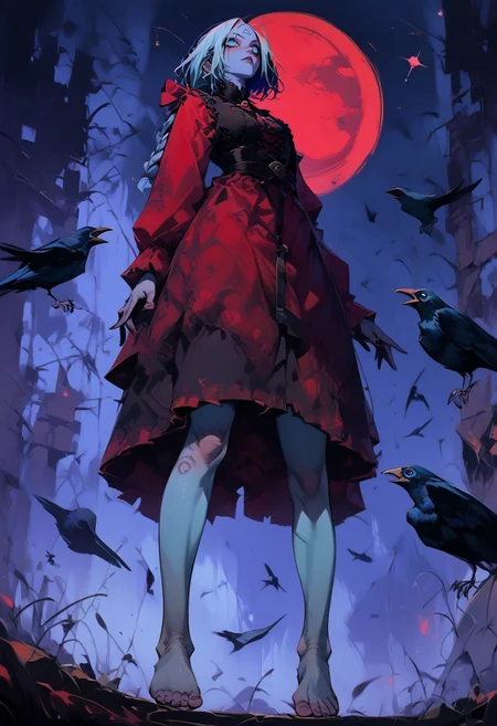 score_9, score_8_up, score_8, score_7_up, score_7,  adult female,,     long hair, dark eyebrow, short,, cute, easynegative, one long braid, light blue hair, light blue skin color, blue skin, spectral body, wearing deep red  dress, ravens around her,crows, red moon in the background, gothic style ,
gwentstyle,blue skin, blue eyes, white hair, short hair, long ponytail, triangle mark on forehead, dark background with red shooting stars streaks, heavy gothic eye make up,feet on ground,
twirling, from below view, no shoes,detailed eyes, perfect eyes, 1gothic1,
Looking up at the moon,back view, from behind,

standing, legs, stomach, 
volumetric lighting, detailed skin,perfect eyes,