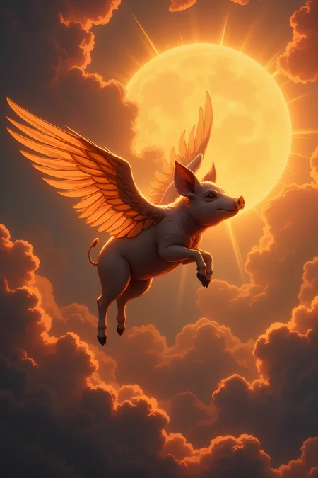 a pig icarus with wings made of feathers and wax is flying towards the sun Fantastic lighting. Detailed shadows.intricate details, vivid colors, hyper-detailed, ultra-sharp,, , <lora:aesthetical-000003:0.15><lora:aidmaNSFWunlock-FLUX-PonyStyle-v0.1:0.15><lora:Flux-jijia:0.1><lora:GLSHS:0.6>