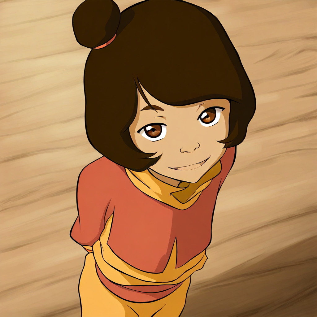 masterpiece, best quality, solo, jinora_k, short hair, brown hair, brown eyes, single hair bun. monk clothes, arms behind back, open smile, looking at viewer, from above