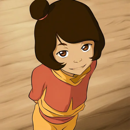masterpiece, best quality, solo, jinora_k, short hair, brown hair, brown eyes, single hair bun. monk clothes, arms behind back, open smile, looking at viewer, from above