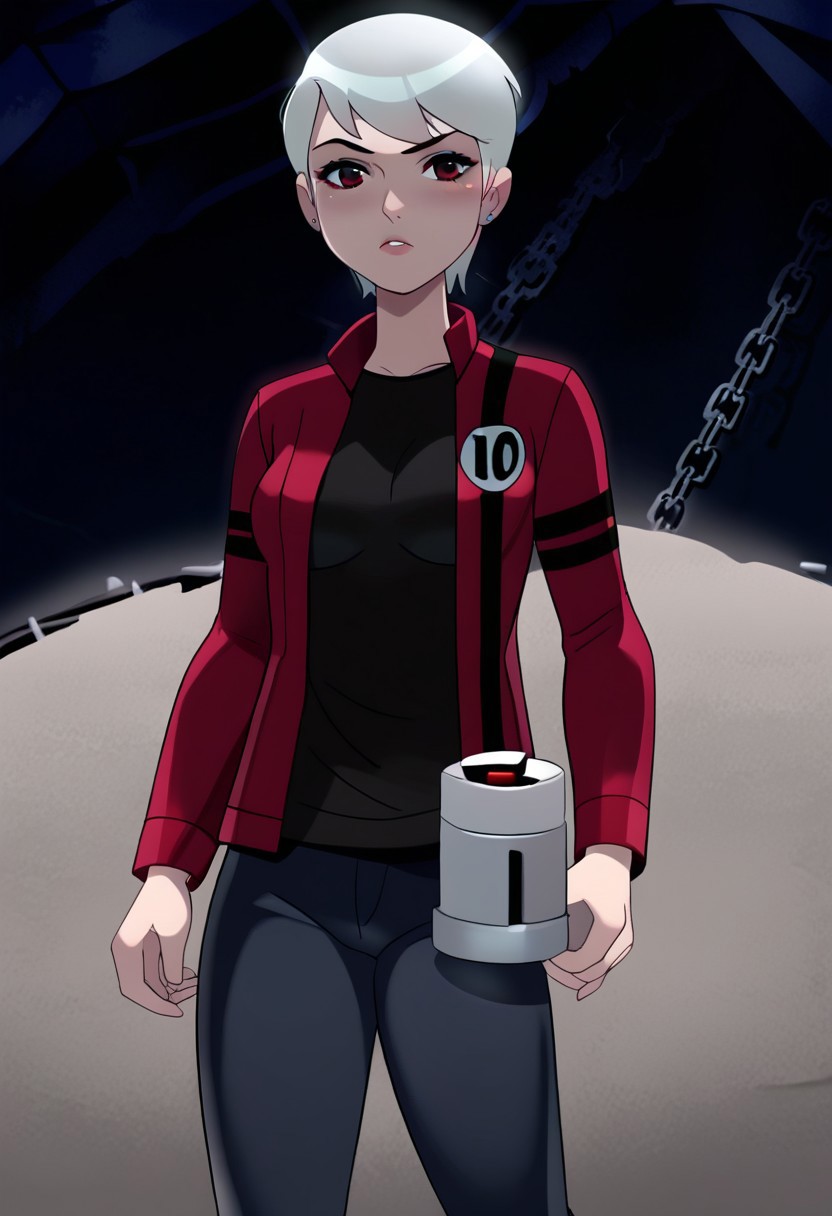 result_9, result_8, result_7, result_6, TSMPK Style, high quality, high detail, masterpiece, source_anime, complex details, 1girl, solo, Albedo, Red Eyes, Pale Skin, White Hair, 1girl, beautiful woman, sexy woman, medium breasts, beautiful breasts, Red Jacket, Black Shirt, Open Jacket, Pants, Beautiful background, handcuffed, imprisoned, in chains,