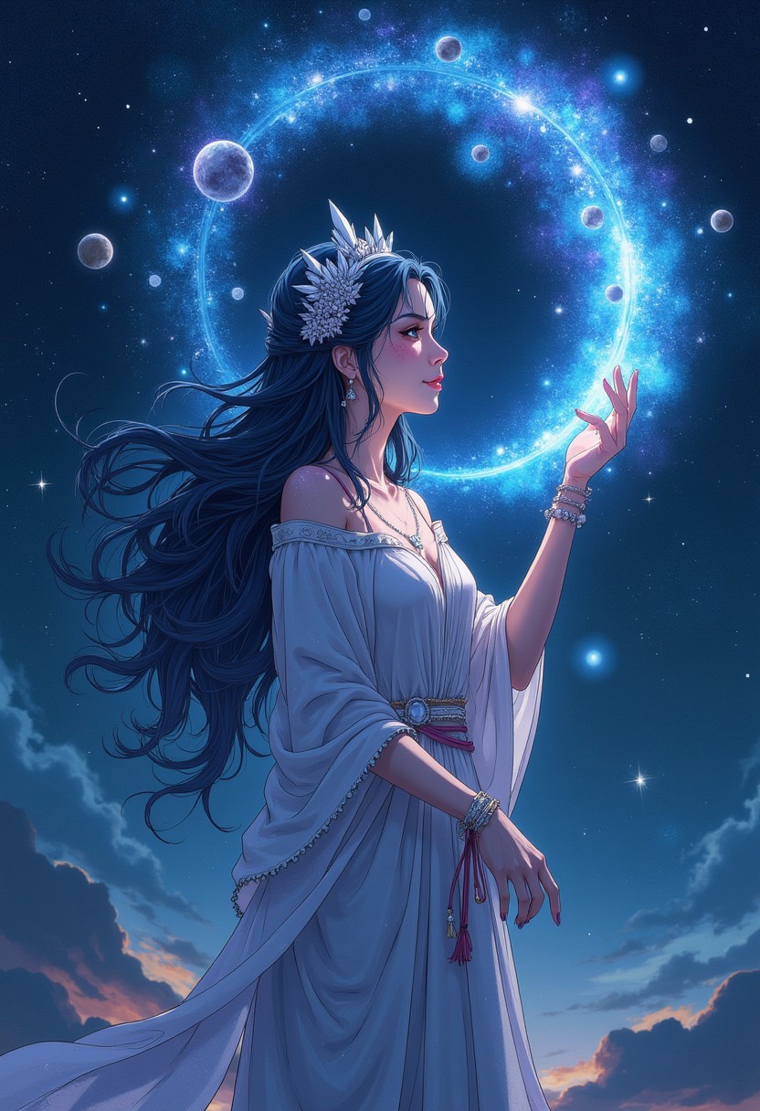A digital anime artwork in the style of cklg, A majestic oracle with stardust skin and glowing constellations swirling across her form, her eyes a deep galaxy blue, radiating wisdom from beyond time. She wears an ethereal robe woven with nebula patterns and specks of cosmic light, adorned with floating crystals that orbit her head like planets. Set against the vastness of space with distant supernovas and a darkened void framing her silhouette, her hand raised, releasing a spiral of luminescent star clusters. (hyperdetailed:1.1), (intricate celestial details:1.1), (Refined details:1.1), (high resolution:1.2), (best quality:1.1), in the style of cksc,
