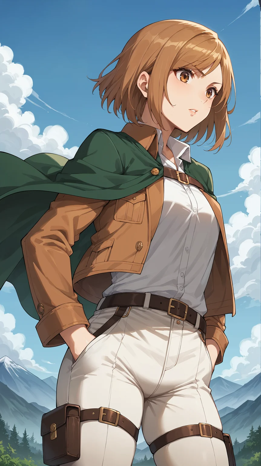score_9,score_8_up,score_7_up,score_6_up, <lora:xl_more_art-full_v1:0.5>, source_anime, girl, dynamic pose, standing with hands in her pockets, <lora:Petra Ral - Pony-000004:0.8>, medium hair, brown hair, brown eyes, cropped jacket, brown jacket, open jacket, white shirt, collared shirt, green cloak, long sleeves, belt, straps, white pants, mountainous horizon, mountain top, mountain,